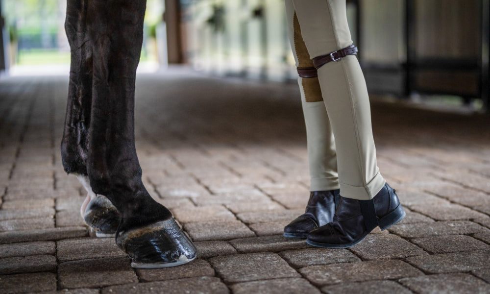Young rider in R.J. Classic jodhpurs standing next to horse